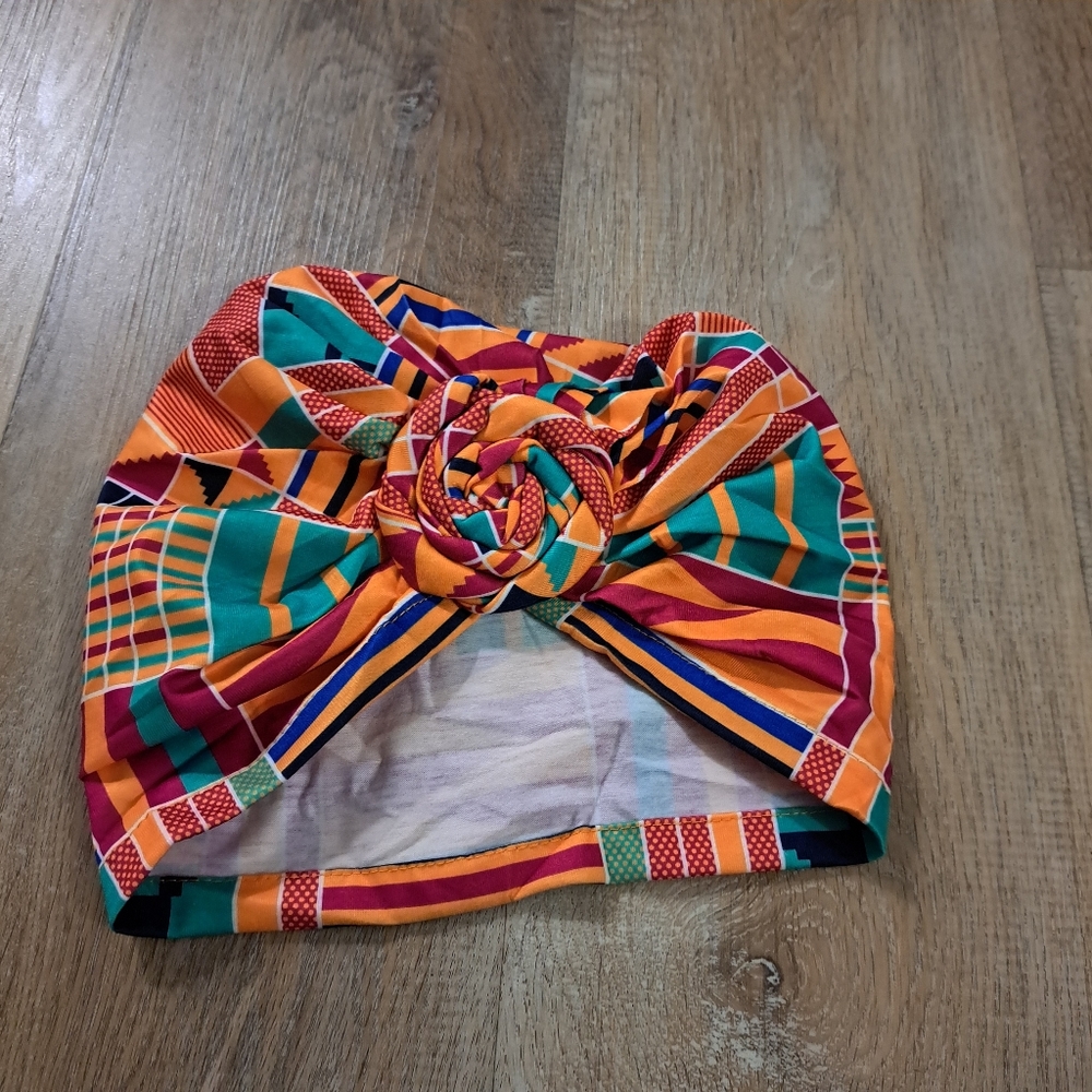 Colorful Striped Turban Headwrap with Rosette NWOT
